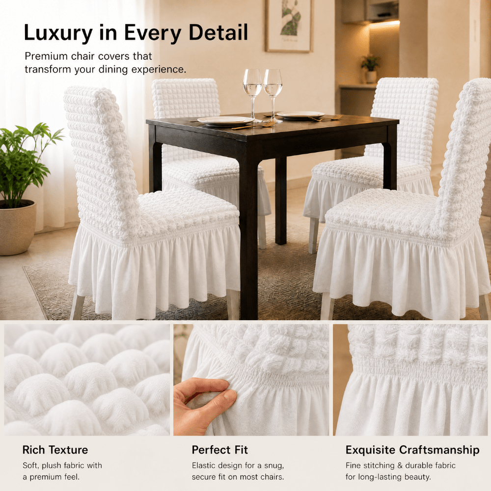 White Bubble Frill Chair Cover- Stretchable & Elastic Fitted Great Happy IN 