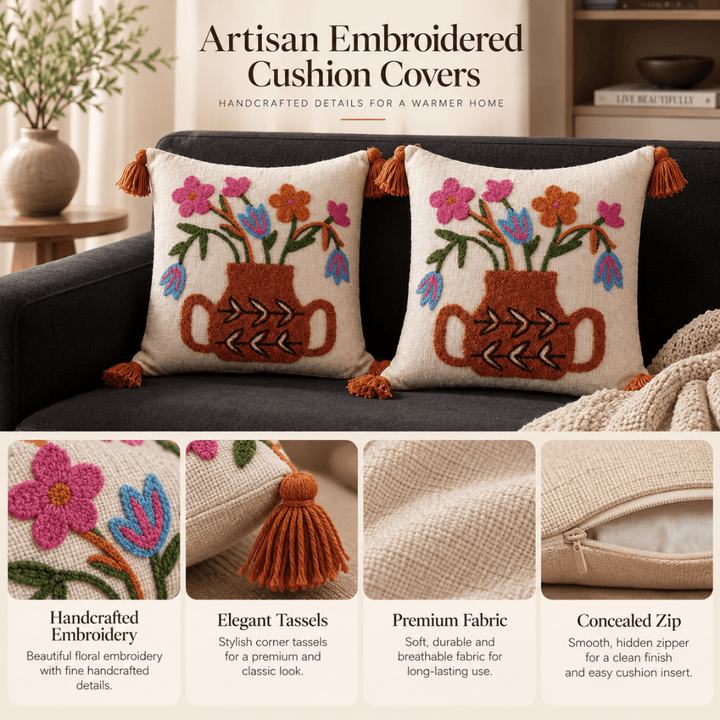 Bouquet Artisan Embroidered Cushion Covers 16 × 16 cushion cover Great Happy IN 