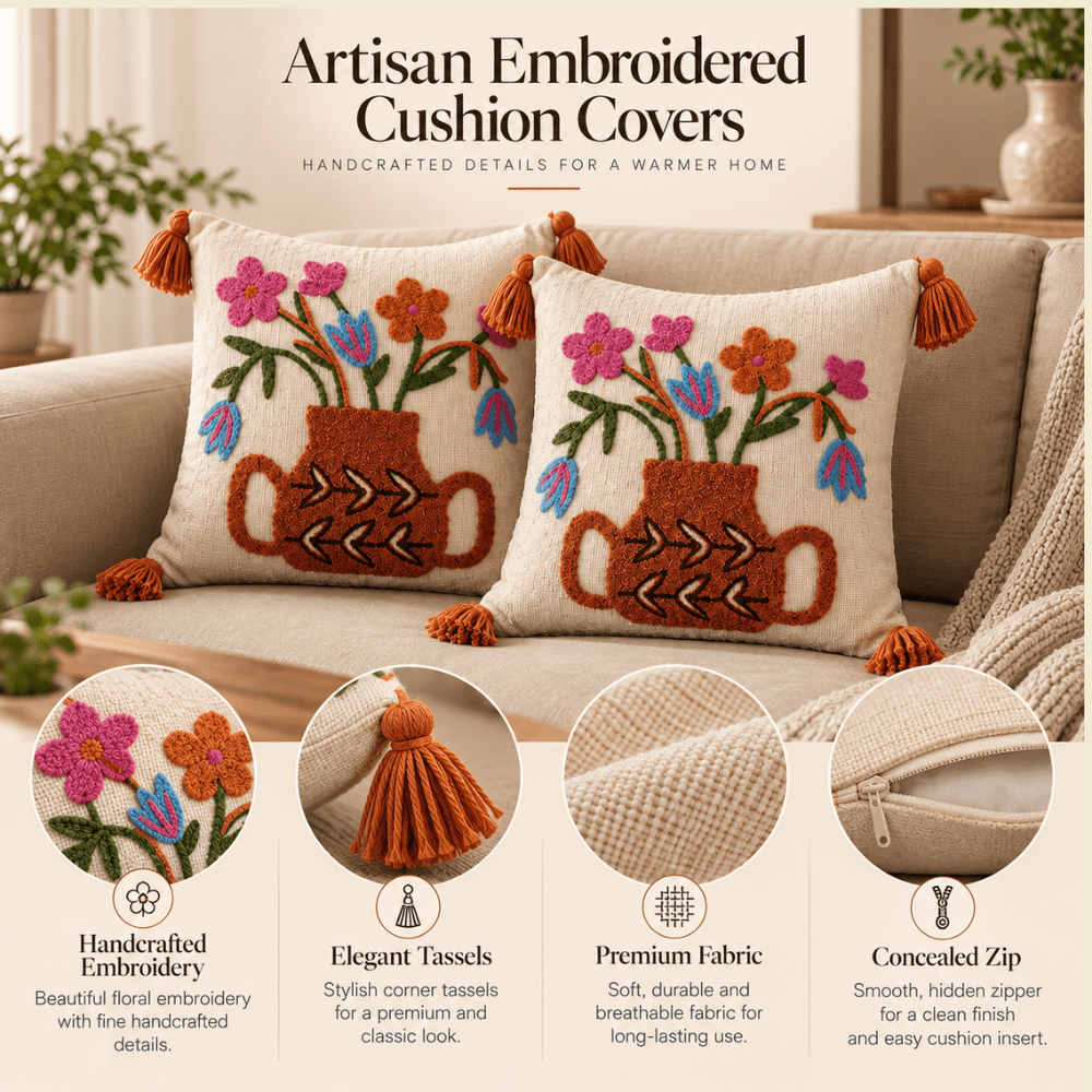 Bouquet Artisan Embroidered Cushion Covers 16 × 16 cushion cover Great Happy IN 