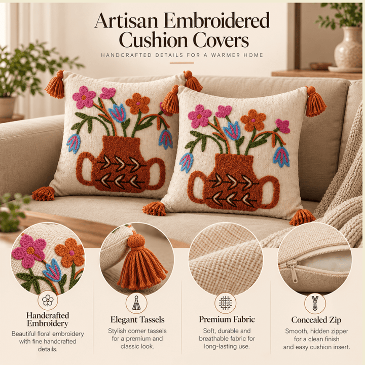 Bouquet Artisan Embroidered Cushion Covers 16 × 16 cushion cover Great Happy IN 