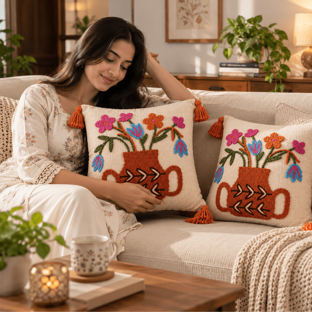 Bouquet Artisan Embroidered Cushion Covers 16 × 16 cushion cover Great Happy IN 