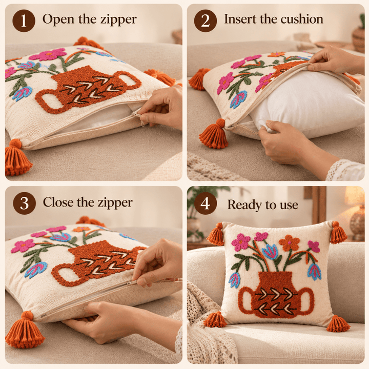 Bouquet Artisan Embroidered Cushion Covers 16 × 16 cushion cover Great Happy IN 