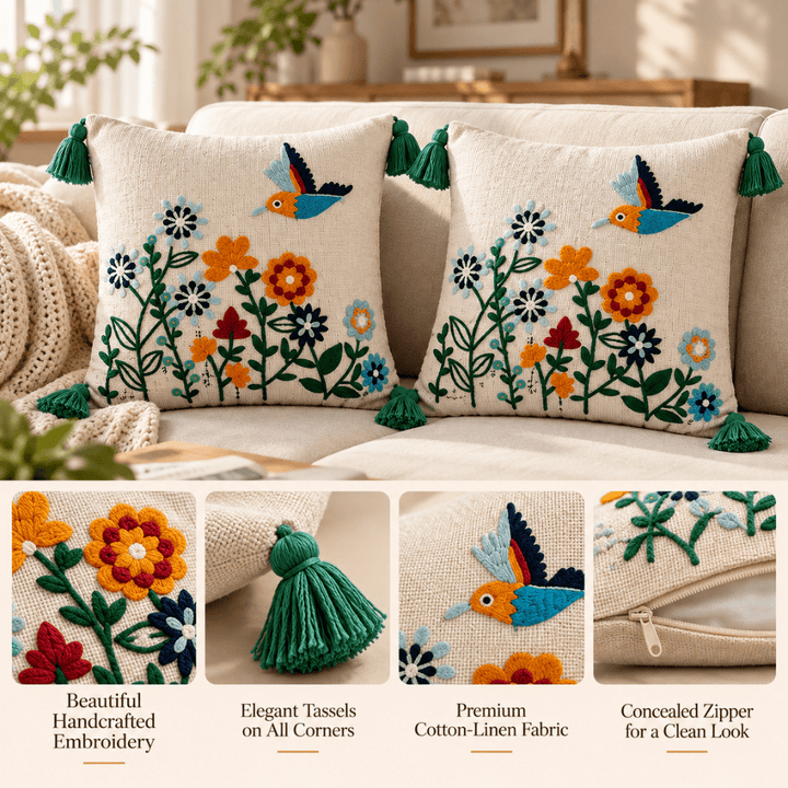 Parrot Ivory Artisan Embroidered Cushion Covers 16 × 16 cushion cover Great Happy IN 