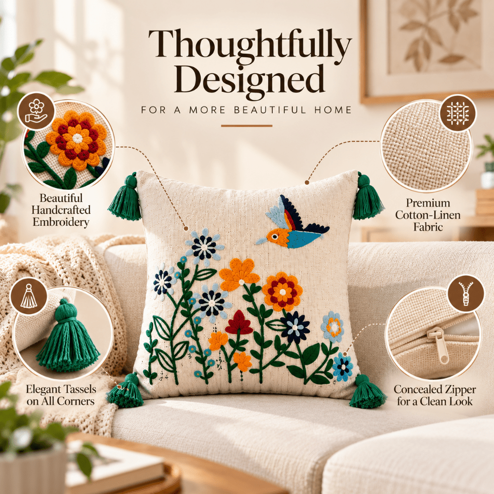 Parrot Ivory Artisan Embroidered Cushion Covers 16 × 16 cushion cover Great Happy IN 