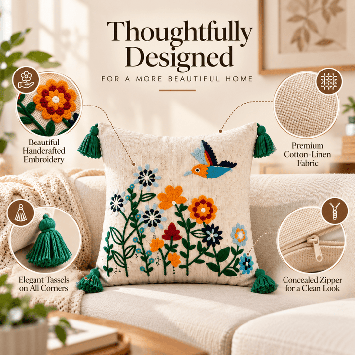 Parrot Ivory Artisan Embroidered Cushion Covers 16 × 16 cushion cover Great Happy IN 