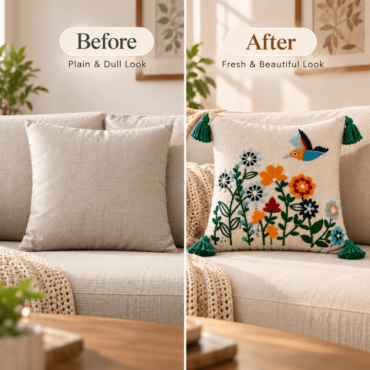 Parrot Ivory Artisan Embroidered Cushion Covers 16 × 16 cushion cover Great Happy IN 