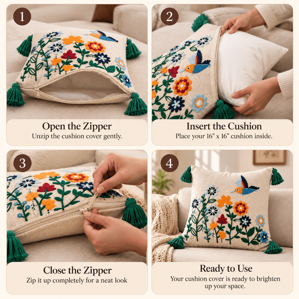 Parrot Ivory Artisan Embroidered Cushion Covers 16 × 16 cushion cover Great Happy IN 
