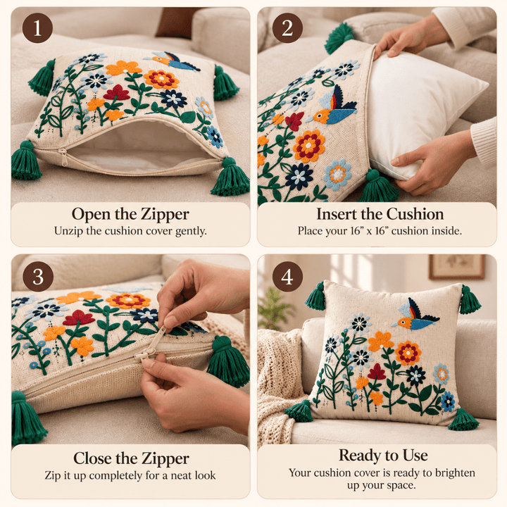 Parrot Ivory Artisan Embroidered Cushion Covers 16 × 16 cushion cover Great Happy IN 