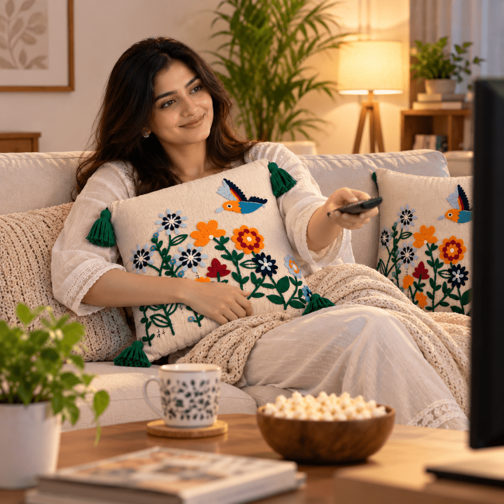Parrot Ivory Artisan Embroidered Cushion Covers 16 × 16 cushion cover Great Happy IN 