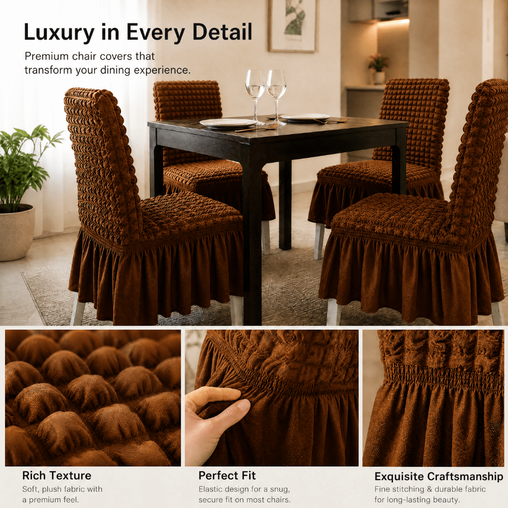 Brown Bubble Frill Chair Cover- Stretchable & Elastic Fitted Great Happy IN 