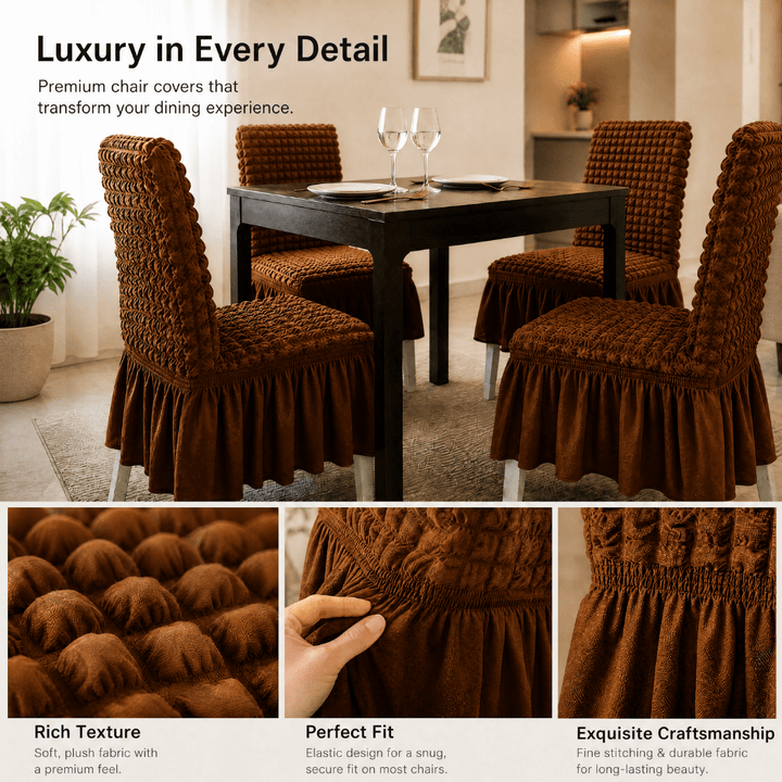 Brown Bubble Frill Chair Cover- Stretchable & Elastic Fitted Great Happy IN 