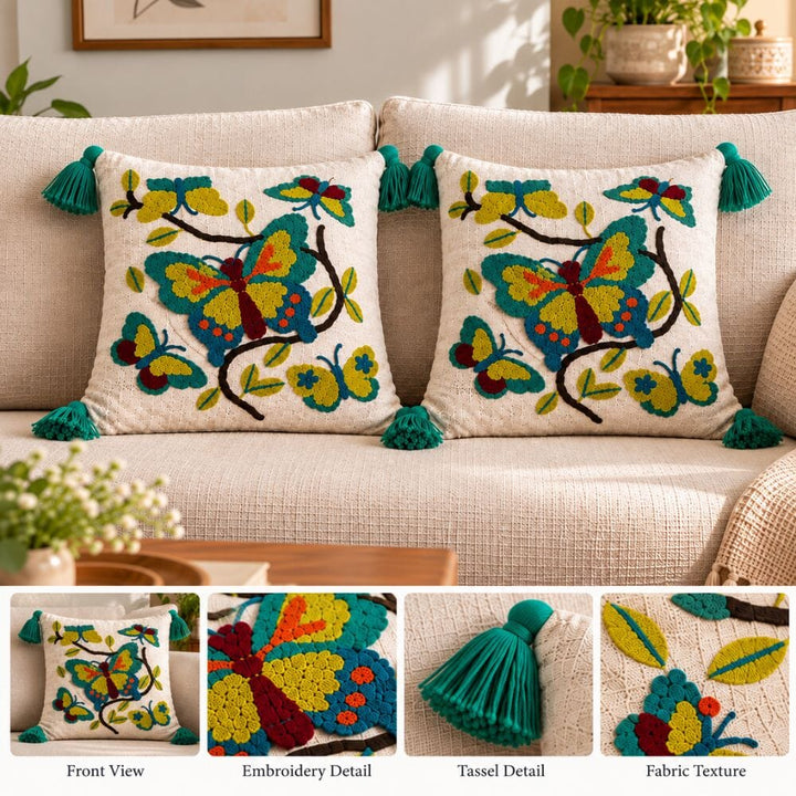 Butterfly Floral Artisan Embroidered Cushion Covers 16 × 16 cushion cover Great Happy IN 
