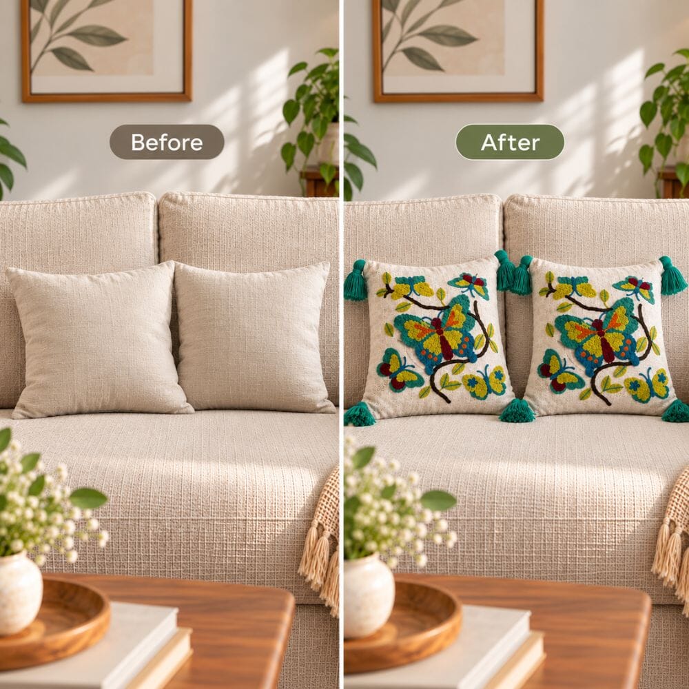 Butterfly Floral Artisan Embroidered Cushion Covers 16 × 16 cushion cover Great Happy IN 