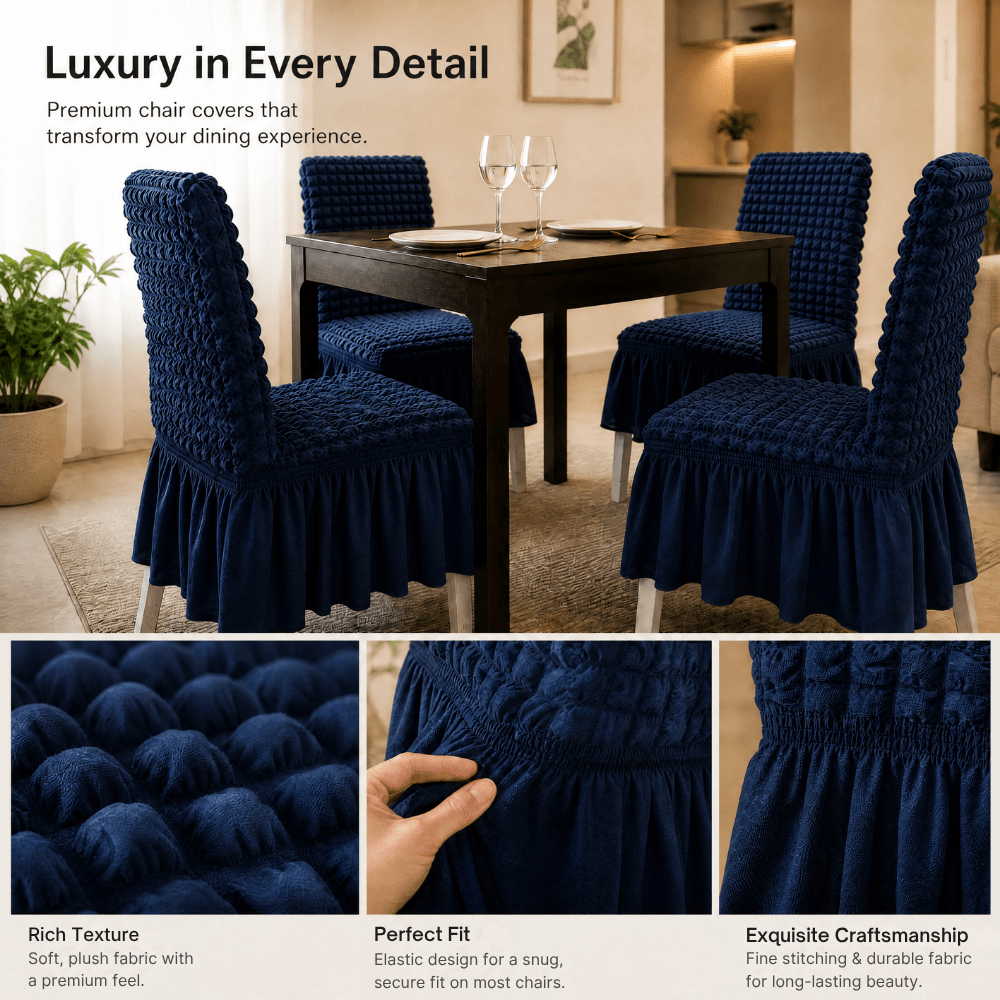 Navy Bubble Frill Chair Cover- Stretchable & Elastic Fitted Great Happy IN 