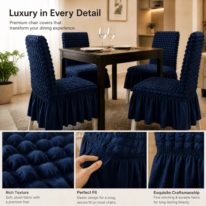 Navy Bubble Frill Chair Cover- Stretchable & Elastic Fitted Great Happy IN 