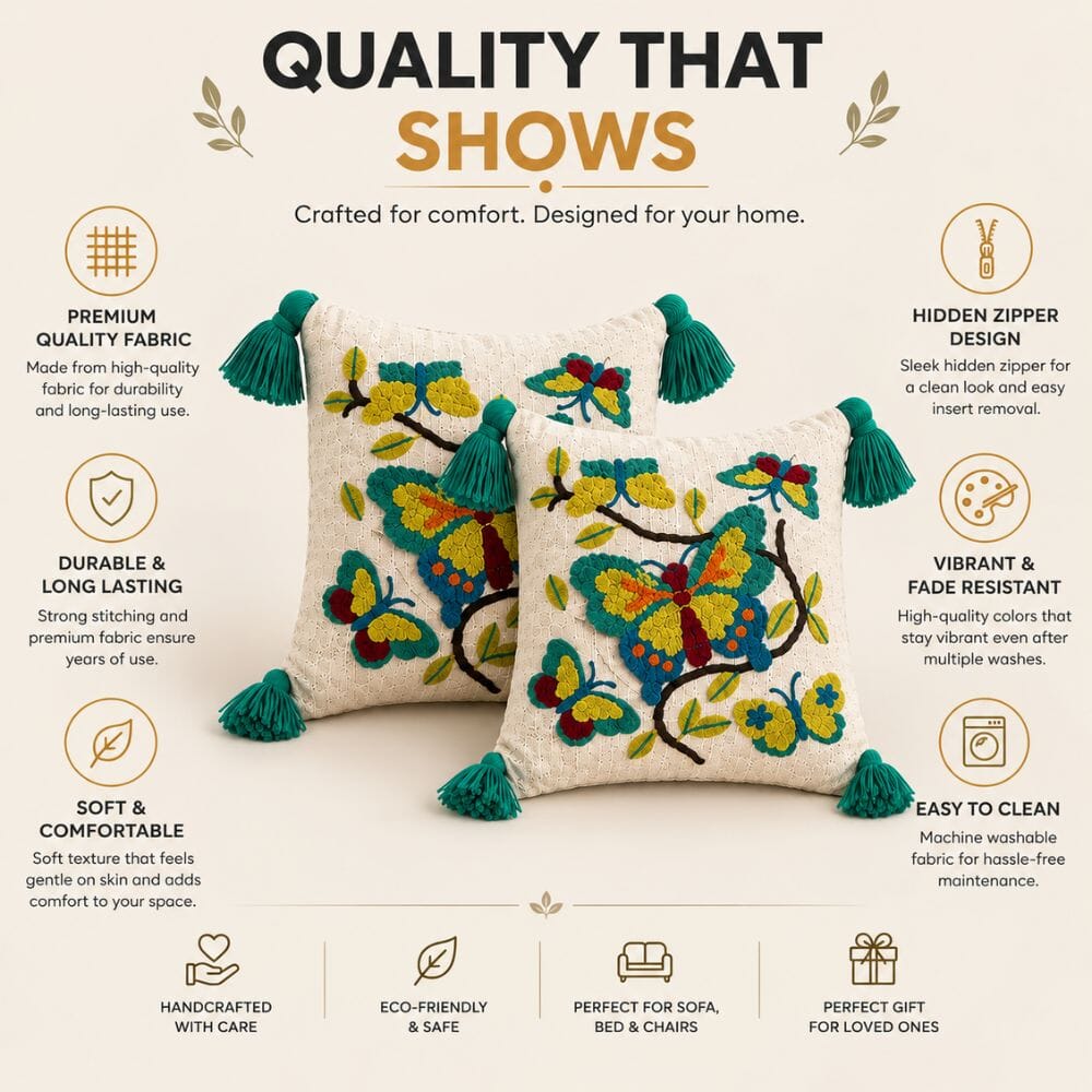 Butterfly Floral Artisan Embroidered Cushion Covers 16 × 16 cushion cover Great Happy IN 