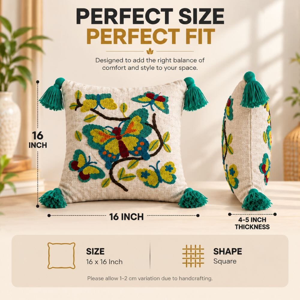 Butterfly Floral Artisan Embroidered Cushion Covers 16 × 16 cushion cover Great Happy IN 