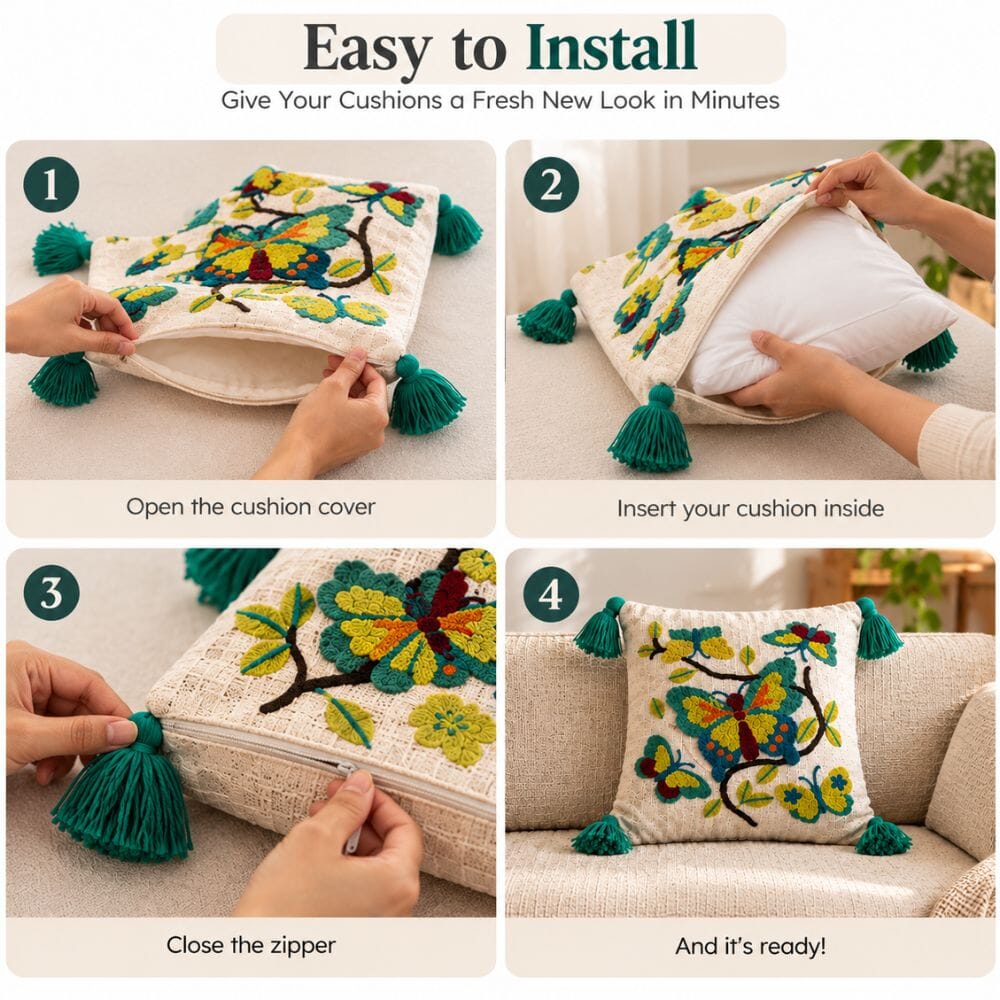 Butterfly Floral Artisan Embroidered Cushion Covers 16 × 16 cushion cover Great Happy IN 