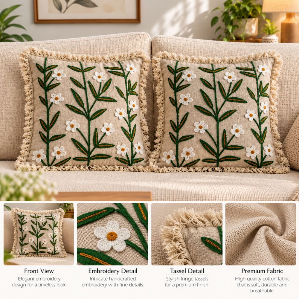 Ivory Meadow Artisan Embroidered Cushion Covers 16 × 16 cushion cover Great Happy IN 