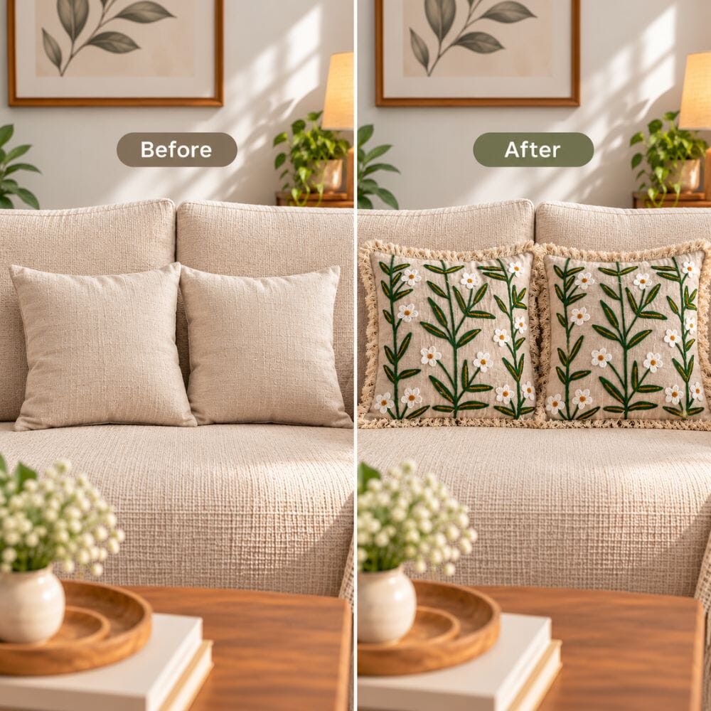 Ivory Meadow Artisan Embroidered Cushion Covers 16 × 16 cushion cover Great Happy IN 