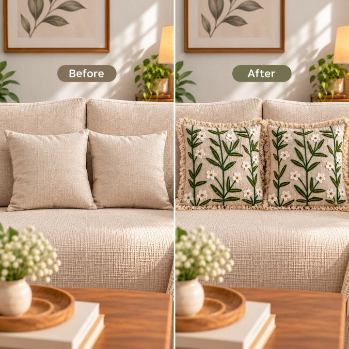 Ivory Meadow Artisan Embroidered Cushion Covers 16 × 16 cushion cover Great Happy IN 