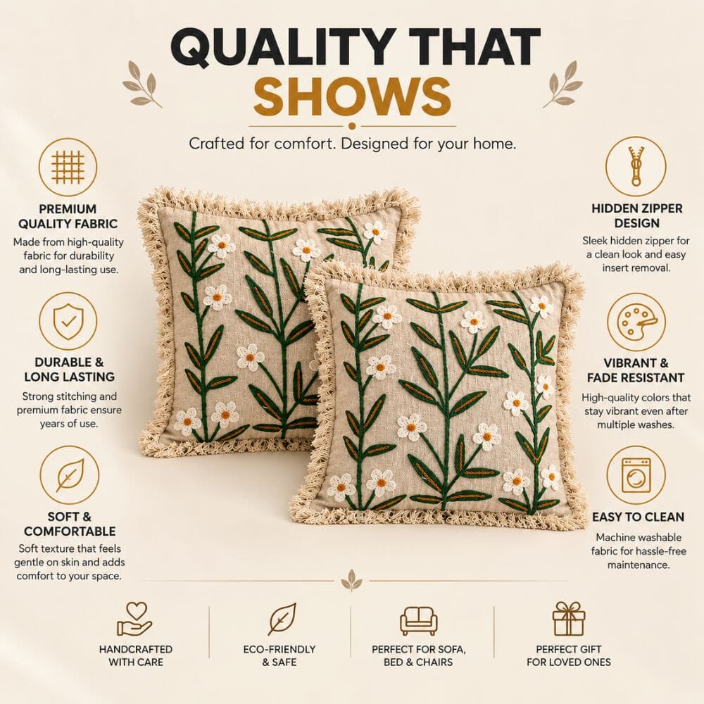 Ivory Meadow Artisan Embroidered Cushion Covers 16 × 16 cushion cover Great Happy IN 