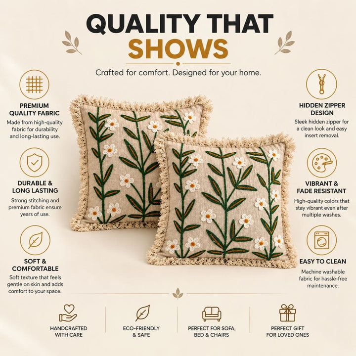 Ivory Meadow Artisan Embroidered Cushion Covers 16 × 16 cushion cover Great Happy IN 