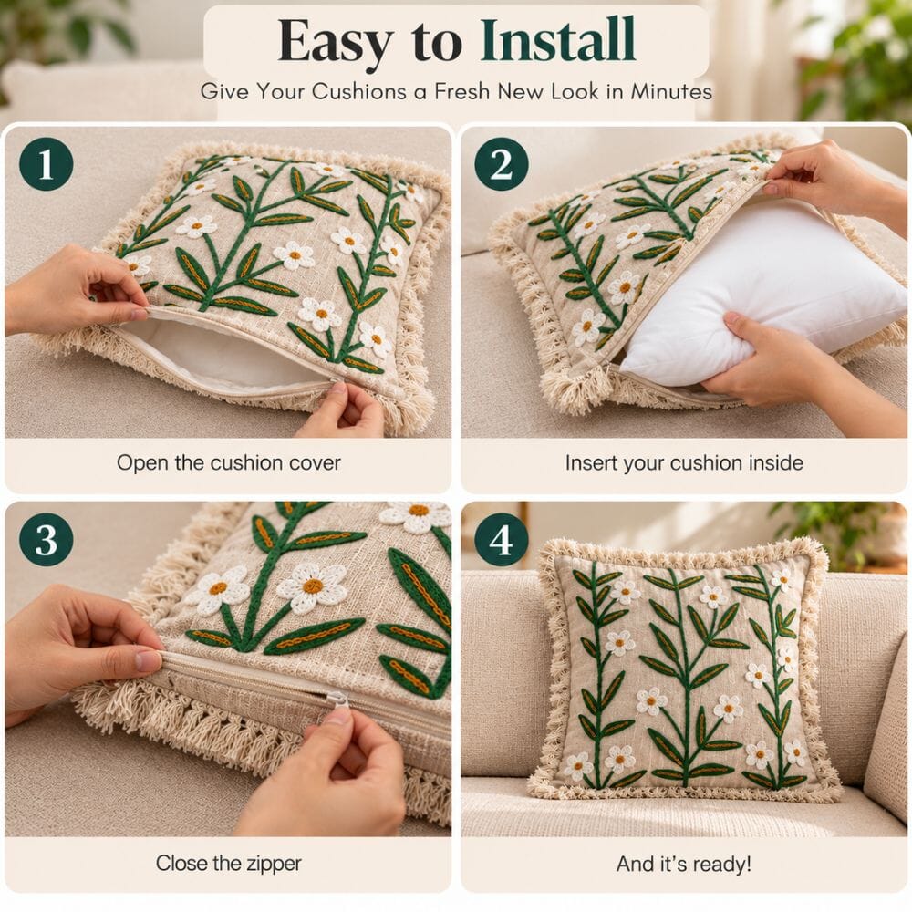 Ivory Meadow Artisan Embroidered Cushion Covers 16 × 16 cushion cover Great Happy IN 