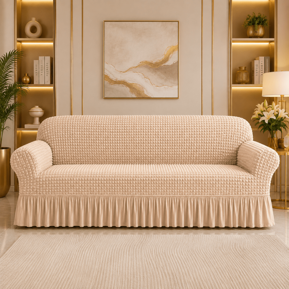 Beige Bubble Frill Sofa Cover bubble frill sofa cover Great Happy IN 3 Seater 