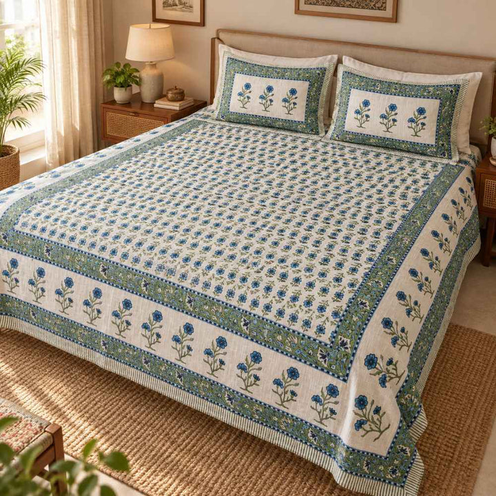 Hand-Block Printed Bedcover King Size - Jute-Look Cotton, 2 Pillow Covers Included