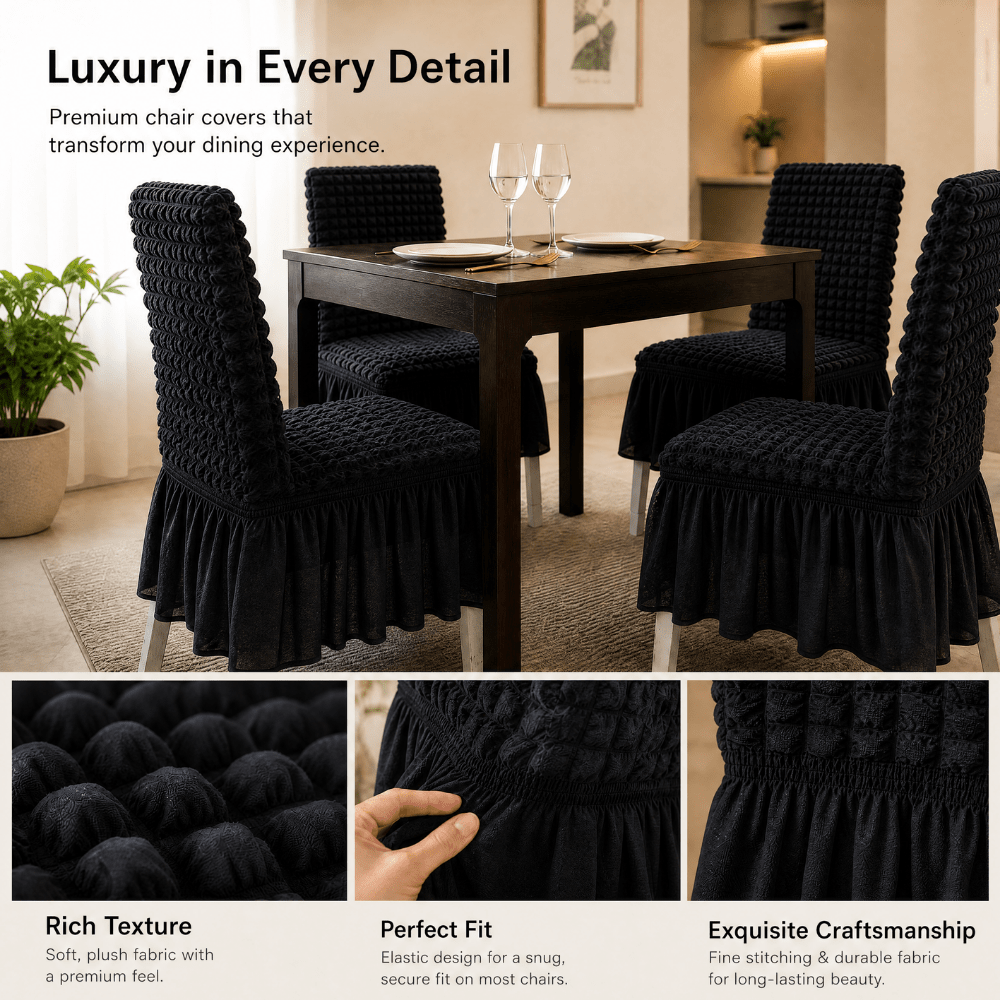 Black Bubble Frill Chair Cover- Stretchable & Elastic Fitted Great Happy IN 