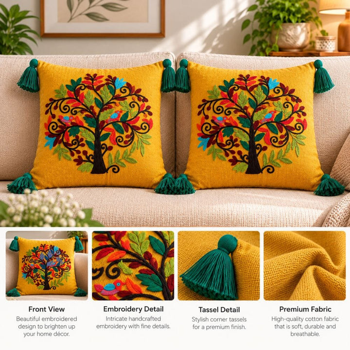 Mustard Tree Artisan Embroidered Cushion Covers 16 × 16 cushion cover Great Happy IN 