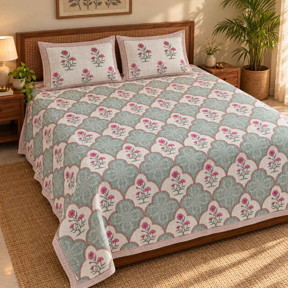 Hand-Block Printed Bedcover King Size - Jute-Look Cotton, 2 Pillow Covers Included