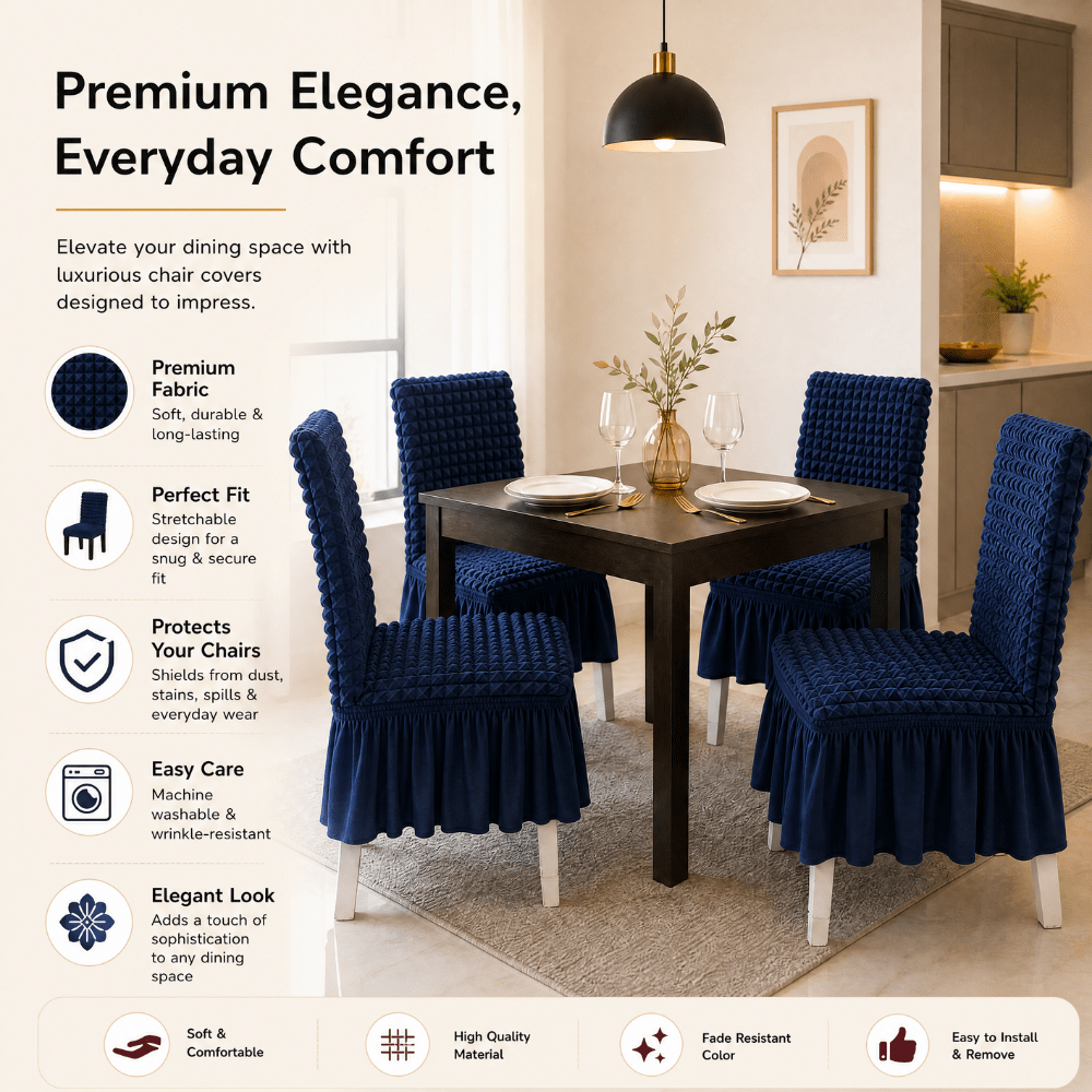 Navy Bubble Frill Chair Cover- Stretchable & Elastic Fitted Great Happy IN 
