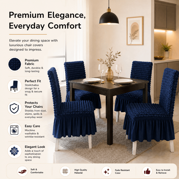 Navy Bubble Frill Chair Cover- Stretchable & Elastic Fitted Great Happy IN 