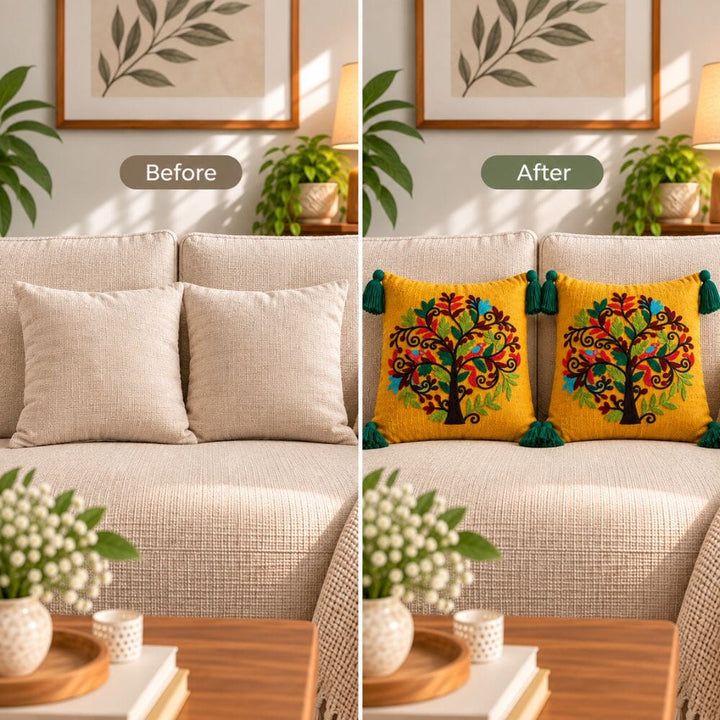 Mustard Tree Artisan Embroidered Cushion Covers 16 × 16 cushion cover Great Happy IN 