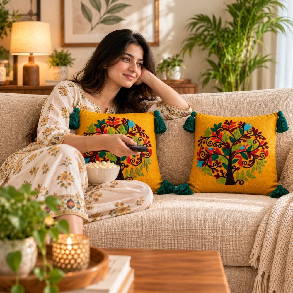 Mustard Tree Artisan Embroidered Cushion Covers 16 × 16 cushion cover Great Happy IN 