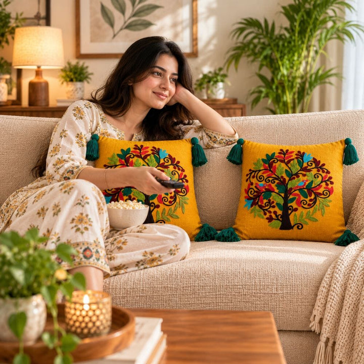 Mustard Tree Artisan Embroidered Cushion Covers 16 × 16 cushion cover Great Happy IN 
