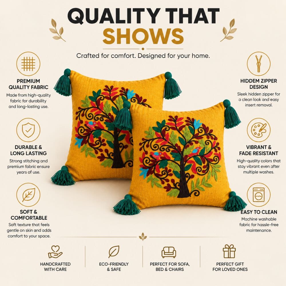Mustard Tree Artisan Embroidered Cushion Covers 16 × 16 cushion cover Great Happy IN 