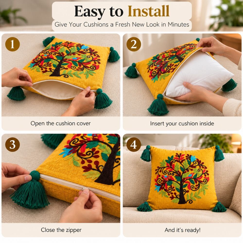 Mustard Tree Artisan Embroidered Cushion Covers 16 × 16 cushion cover Great Happy IN 