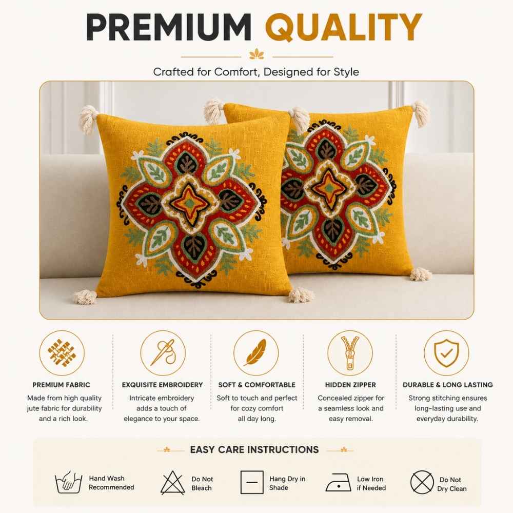 Saffron Mandala Artisan Embroidered Cushion Covers 16 × 16