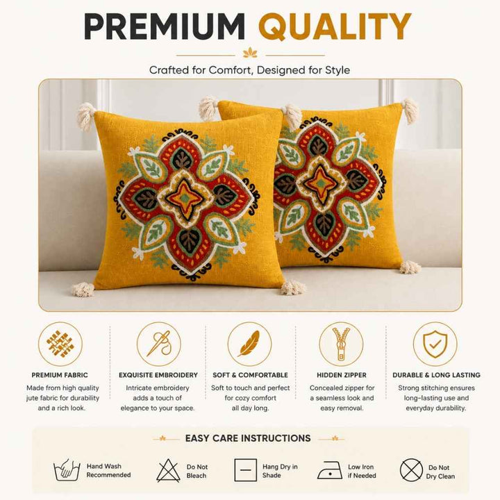 Saffron Mandala Artisan Embroidered Cushion Covers 16 × 16