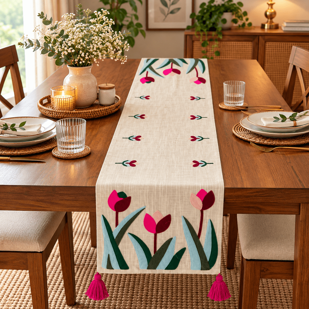 Jute Look Cotton Table Runners 13x72 Inches dining table & chair cover Great Happy IN Tulip Grace 