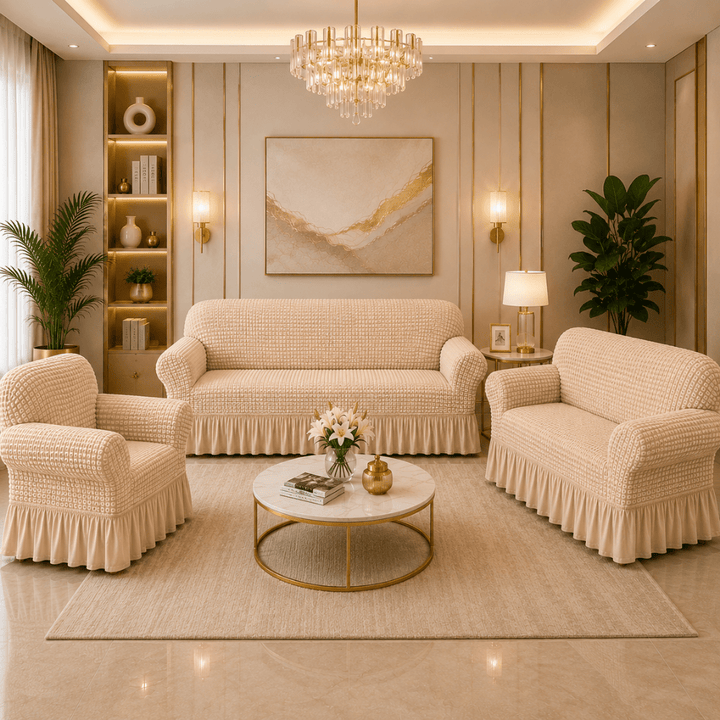 Beige Bubble Frill Sofa Cover bubble frill sofa cover Great Happy IN 3+1+1 Seater 