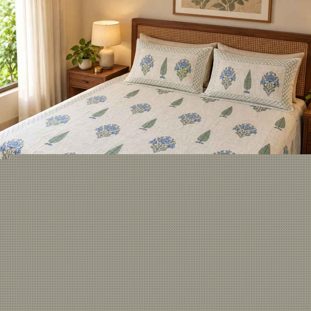 Hand-Block Printed Bedcover King Size - Jute-Look Cotton, 2 Pillow Covers Included