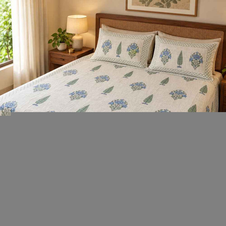 Hand-Block Printed Bedcover King Size - Jute-Look Cotton, 2 Pillow Covers Included