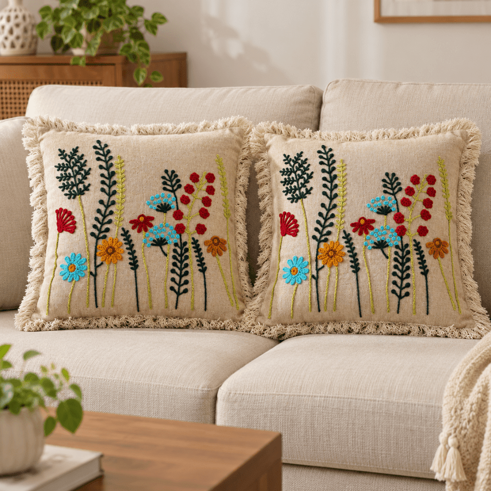 Artisan Embroidered Cushion Covers 16 x 16 inch cushion cover Great Happy IN Meadow Bloom Pack of 2 (₹450 per pcs) 