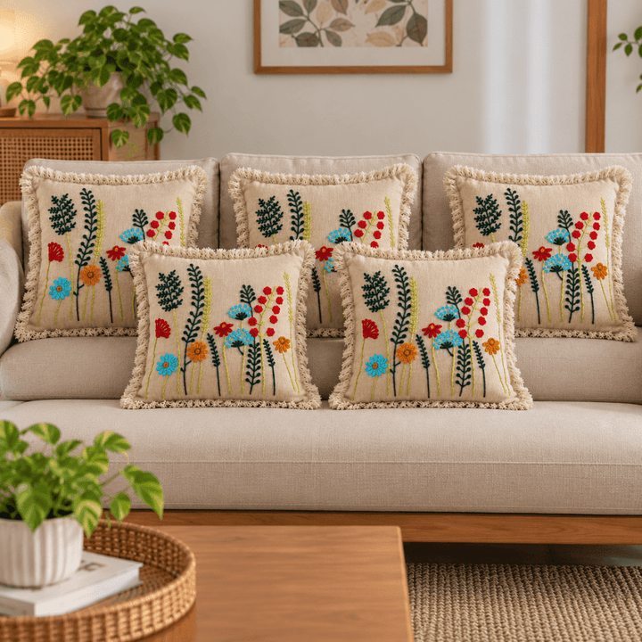 Meadow Bloom Artisan Embroidered Cushion Covers 16 × 16 cushion cover Great Happy IN Pack of 5 (₹375 per pcs) 