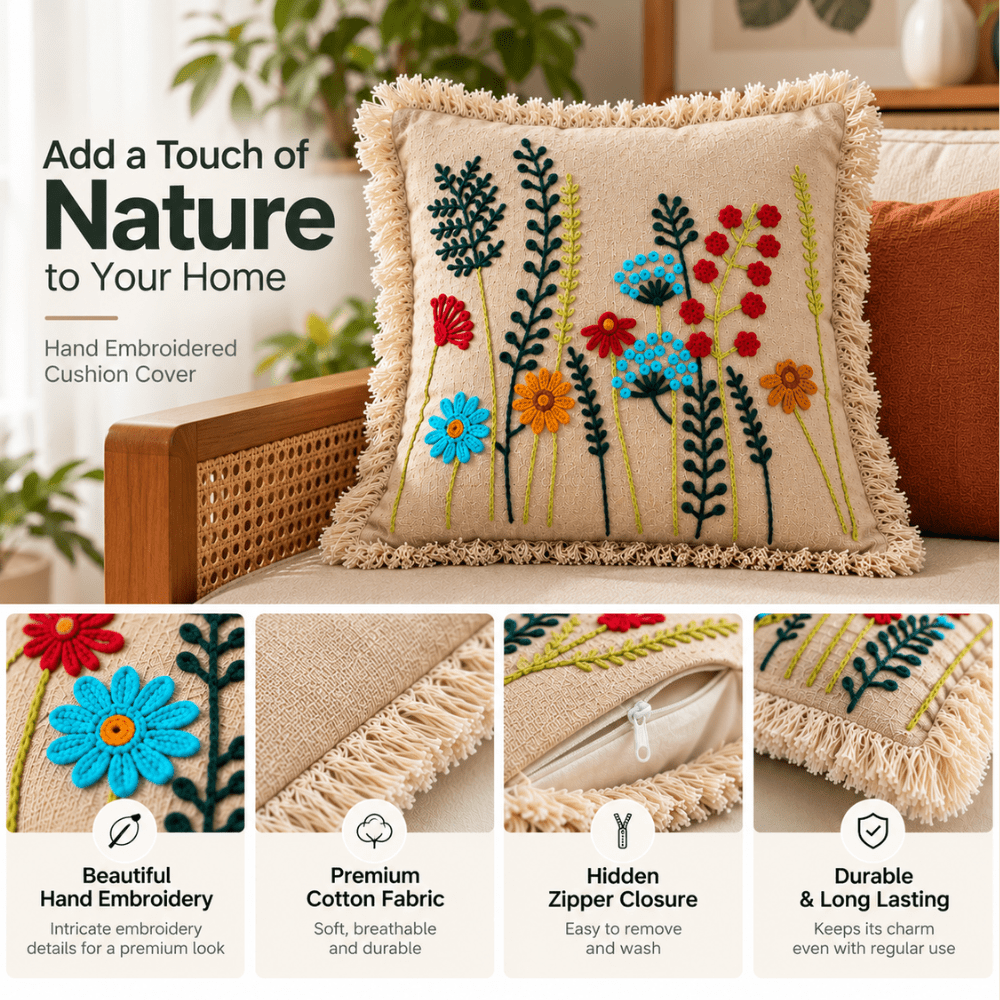 Meadow Bloom Artisan Embroidered Cushion Covers 16 × 16 cushion cover Great Happy IN 