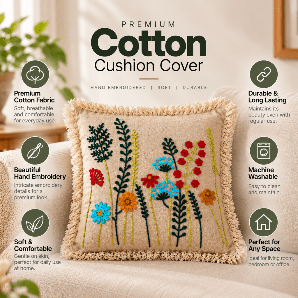Meadow Bloom Artisan Embroidered Cushion Covers 16 × 16 cushion cover Great Happy IN 